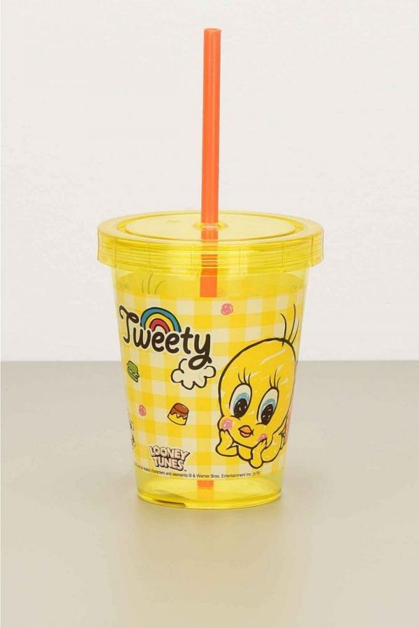 Cosiness-Licensed Tweety Glass with Lid and Straw 0.60 Lt. 1