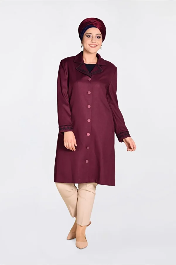 TRENDTESETTÜR-Women's Plum Embroidered Buttoned Trench Coat 1297 1