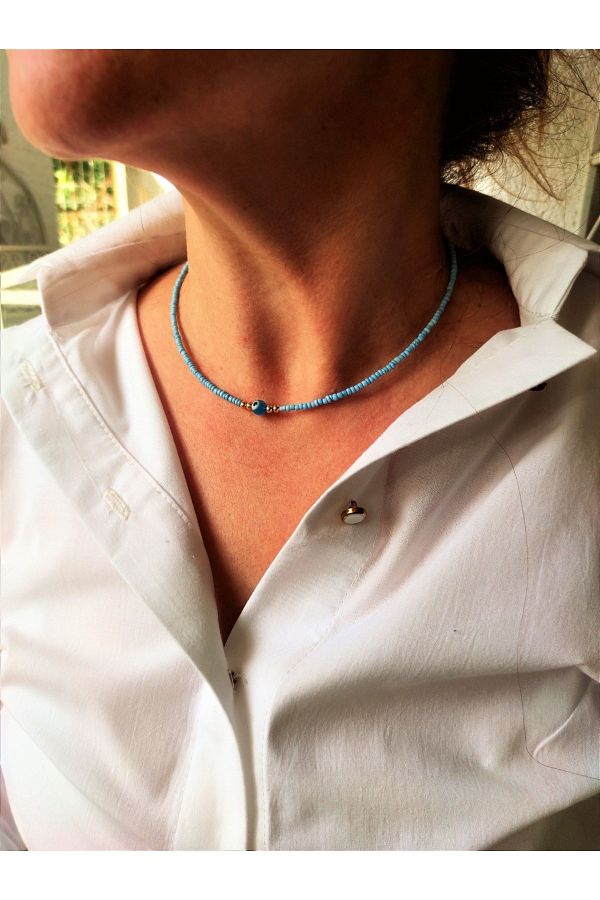 TÜKKAN ACCESSORİES-Gold Plated Evil Eye Bead Detail Blue Bead Necklace 1