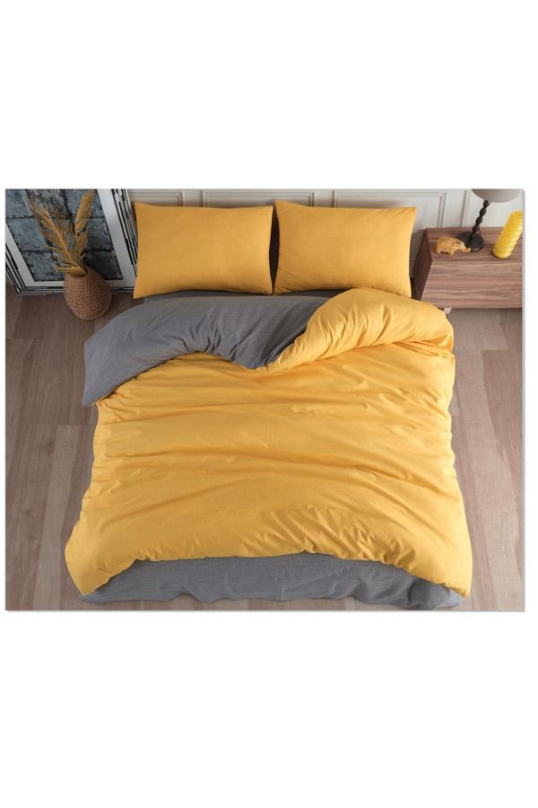ŞENER HOME-Double Color Double Duvet Cover Set with Double Sided Usable Sheet Elastic - Yellow, Gray 1