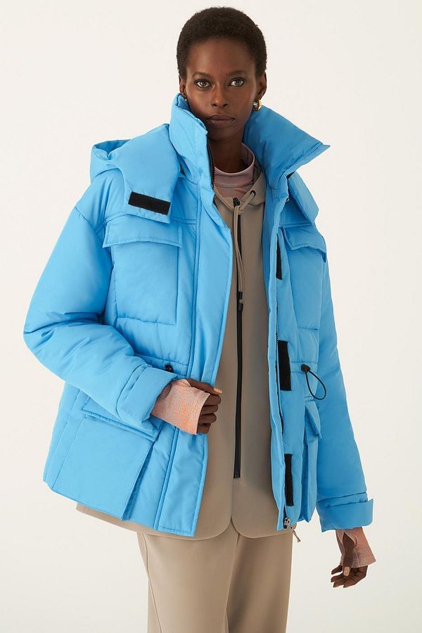 Perspective Clairs Comfortable Fit Stand Collar Short Length Blue Color Women s Coat Trendyol