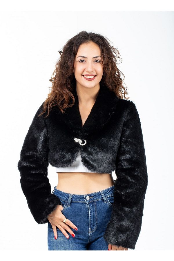 KürkZone-Women's Black Long Sleeve Fur Evening Dress Bridal Bolero 1