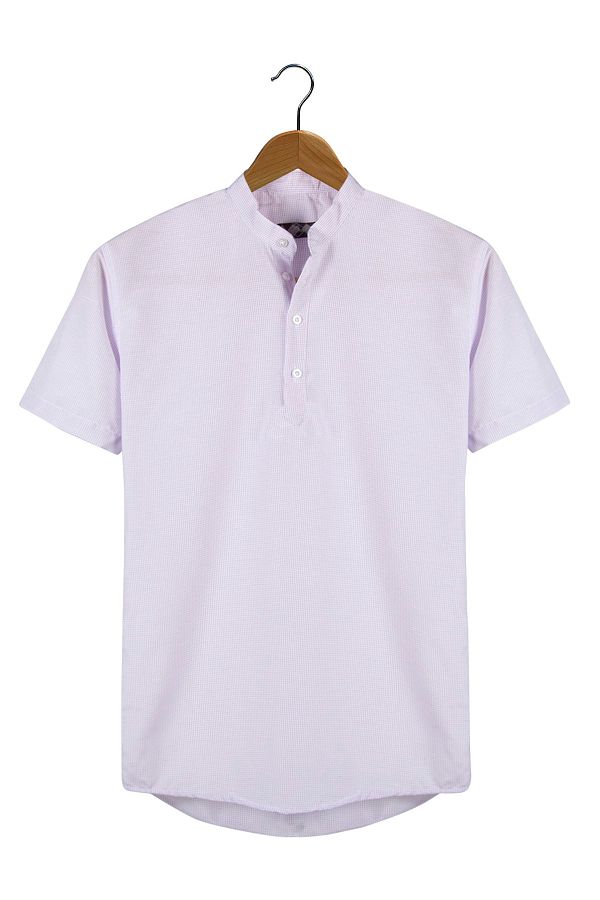 VEAVEN-Cămașă pentru bărbați cu guler liliac, în carouri, cu mânecă scurtă, slim fit 1