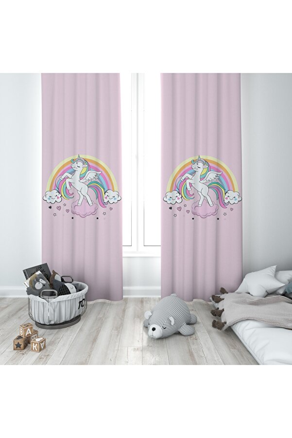BAMBAŞKA MODA Bebek Ve Çocuk Odası Unicorn Ve Gökkuşağı Iki Kanat Fon Perde Bmfp-250