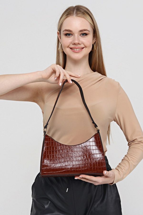 Güce-Tan Crocodile Patterned Baguette Baguette Hand and Shoulder Bag Gc 009025 K 1