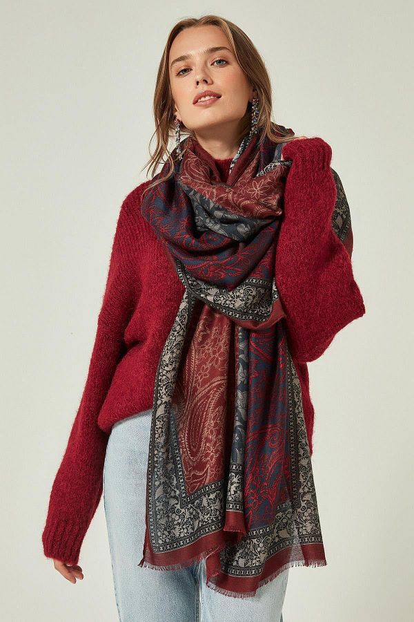 Axesoire-11188 Shawl Patterned Claret Red Shawl 1
