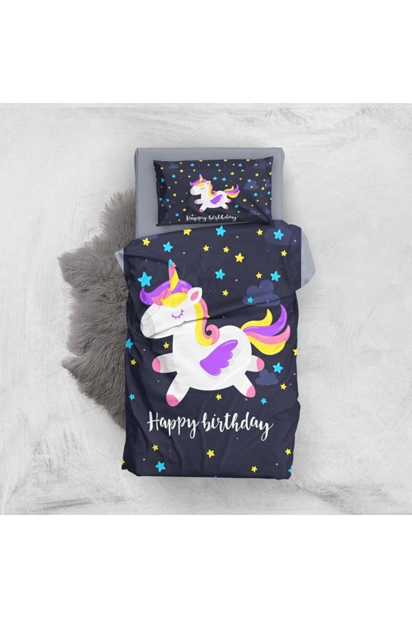 MonoHome-Black Unicorn 3D Cotton Satin Baby Bedding Set 1
