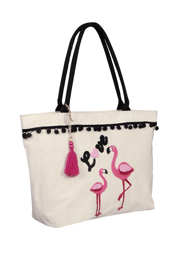 Bakras-Canvas Ecru Flamingo Embroidered Zippered Design Beach Bag with Pockets 1
