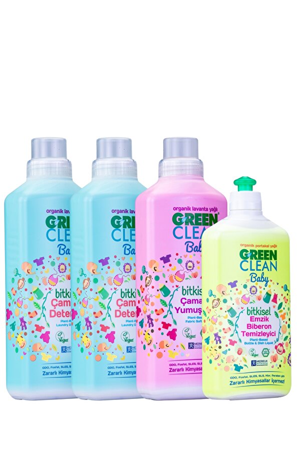 Green Clean Baby Çamaşır Deterjanı 1 Lt. + Çamaşır Deterjanı 1 Lt Yumuşatıcı 1 Lt. Emzik Biberon