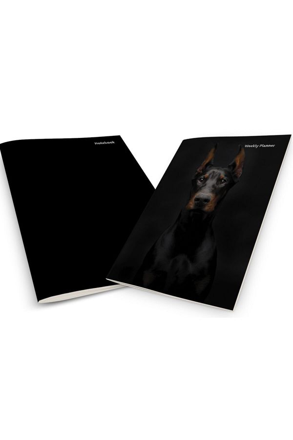 Pelikan Yayınları-Black Doberman Dog On A Black Background Weekly Planner & Notebook 1