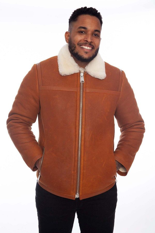 Furniq Men s Tan Leather Jacket with White Fur Inside Trendyol