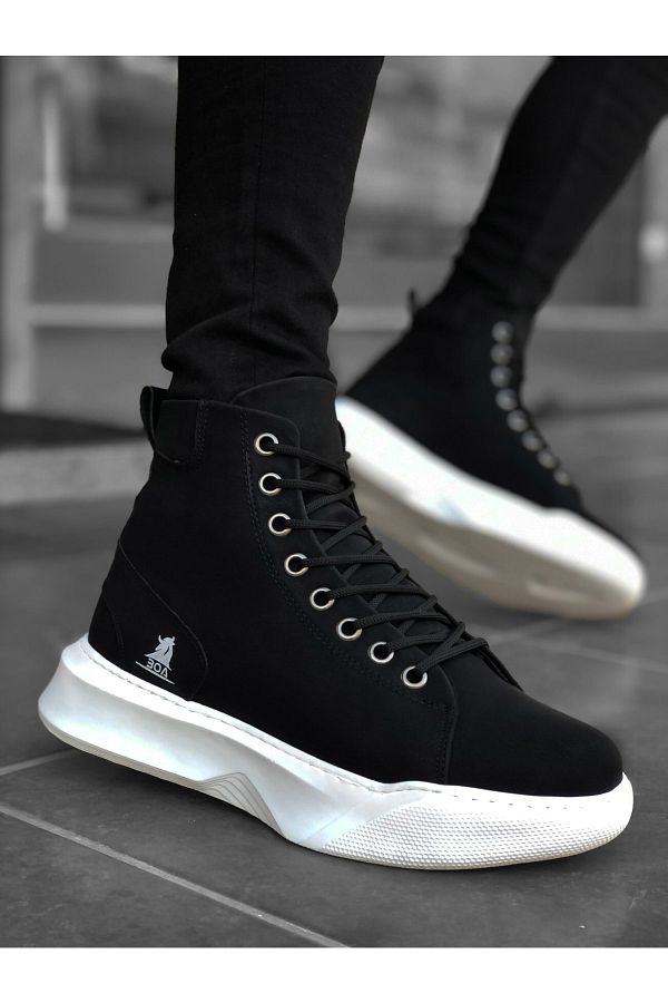 BOUIS Men s Black White Lace Up Boots Flat High Sole Orthopedic Stylish Flexible Winter Boots Half Ankle