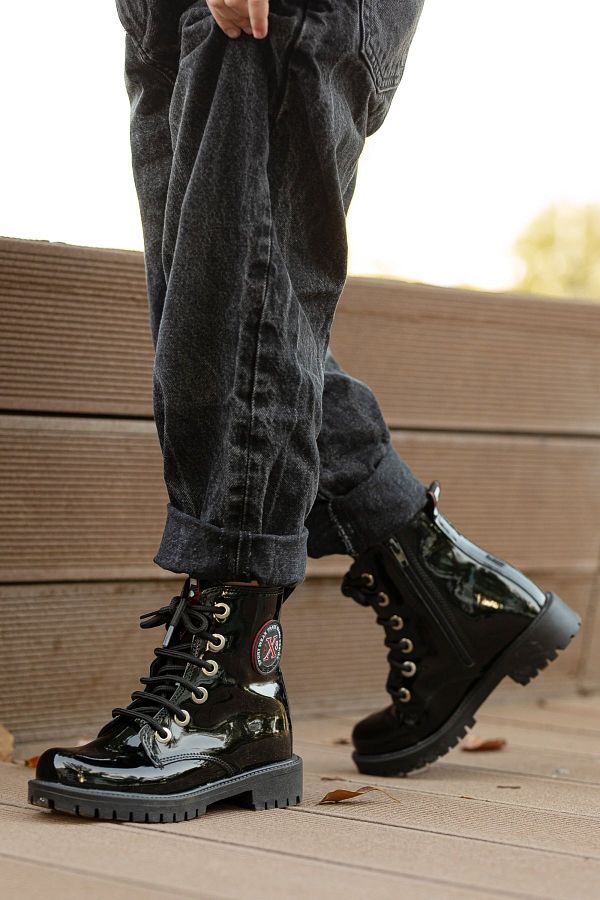 BOUIS Girl s Black Shiny Leather Lace up Zippered High Top Boots Thick Sole Comfortable Winter Shoes Trendyol