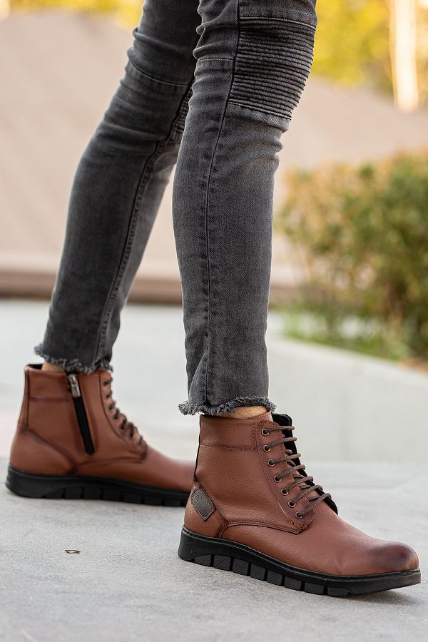 BOUIS Men s Daily Tan Faux Leather Lace Up Zippered High Top Boots Thick Serrated Sole Comfortable Shoes Trendyol