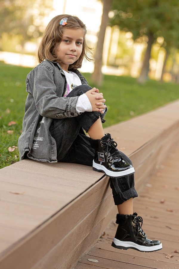 BOUIS Girl s Black Furry Shiny Boots High Heel Zippered Lace Up Smell Free Anti Slip Winter Boots Trendyol