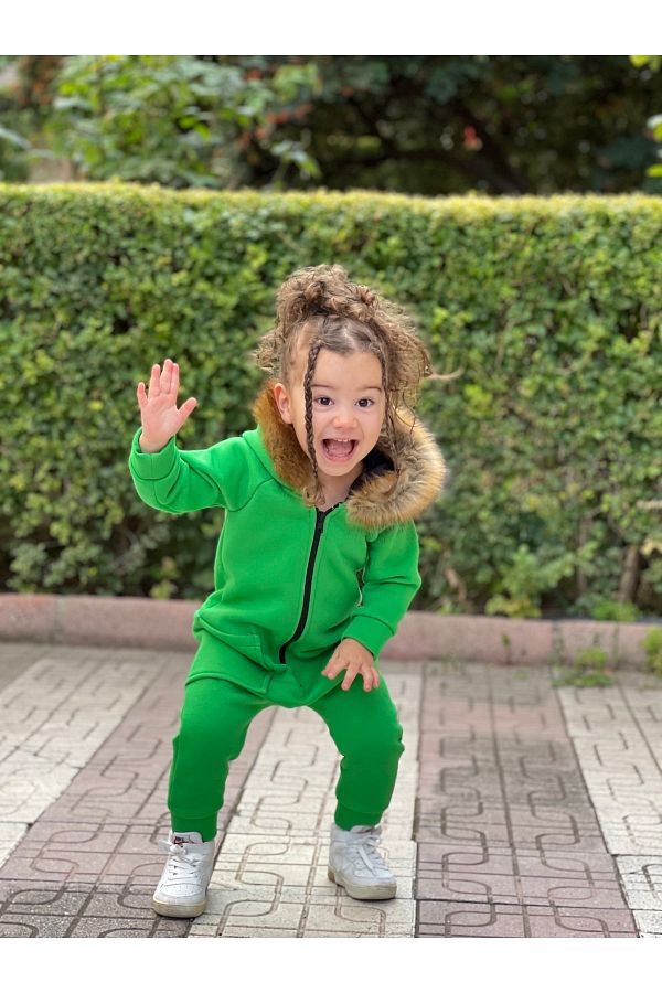Ares Kids Fashion Green Fur Collar Unisex Jumpsuit Trendyol