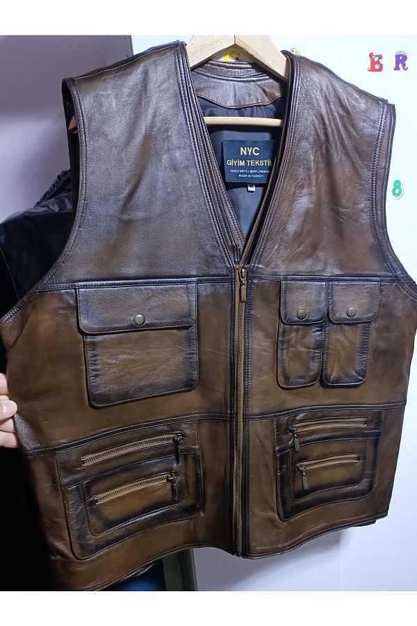 NYC G Y M TEKST L Genuine Leather Hunting Vest Blackened Brown Trendyol