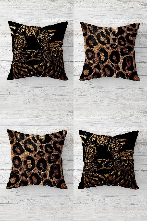 on the clouds Gold Leopard and Tiger Pattern Hidden Zippered Throw Pillow Cover Set 4pcs Trendyol