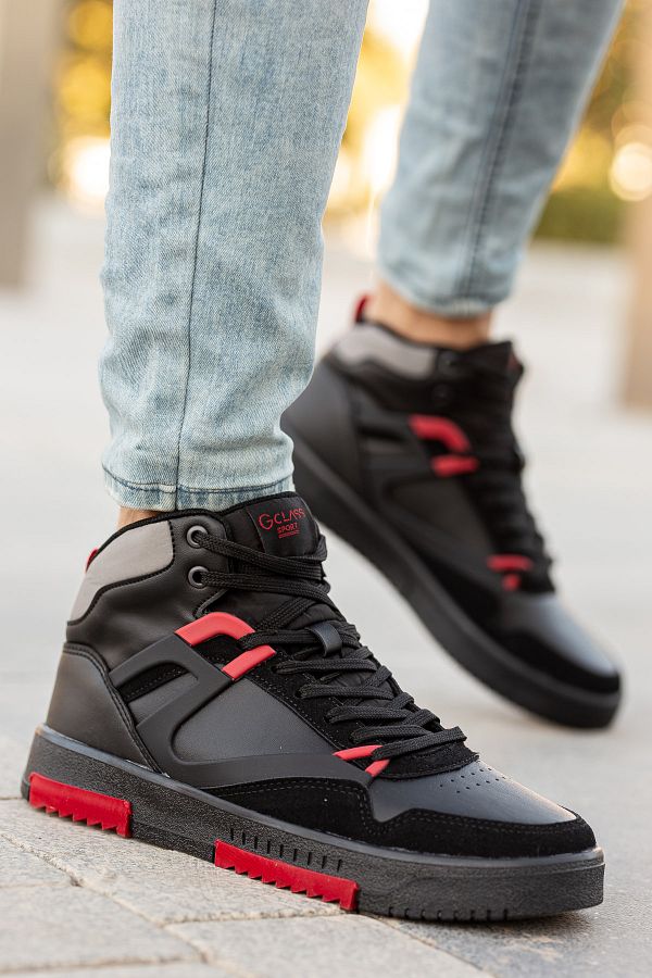 BOUIS Men s Black Red Daily Comfortable Thick Sole Sneaker Comfortable Long Top Basketball Shoes Trendyol