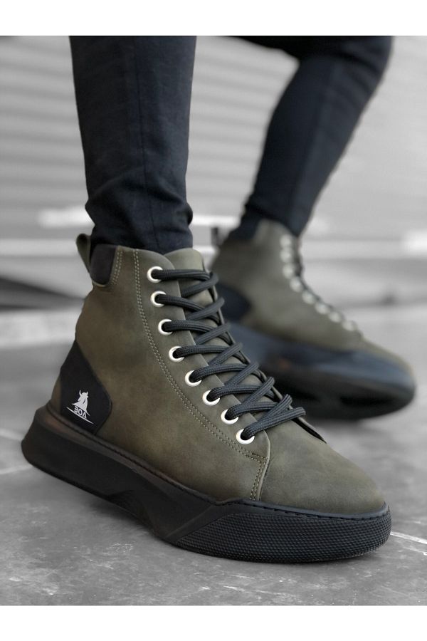 BOUIS Men s Casual Khaki Black Faux Leather Classic Boots High Top Comfortable Lace Up Stylish Comfortable Winter Boots