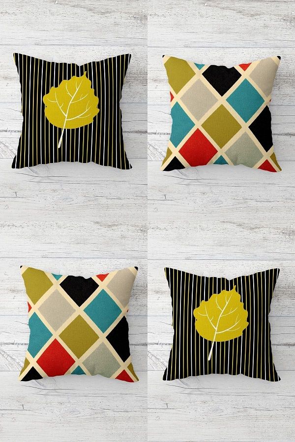 on the clouds-Leaf Patterned and Tile Color Blocked Hidden Zippered Throw Pillow Cover Sofa Pillow Cover Set (4pcs) 1