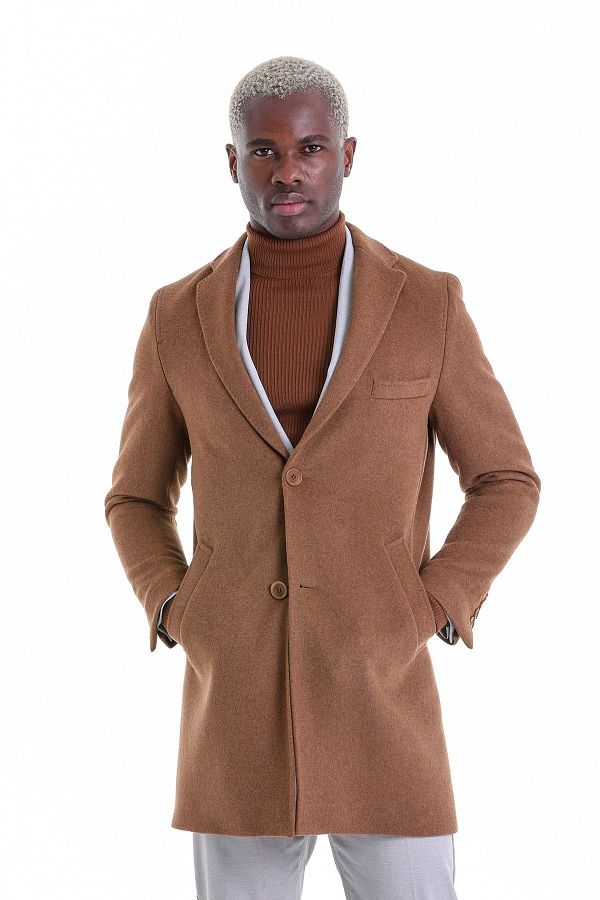 Hatemoğlu-Brown Slim Fit Plain Double Button Mono Collar Woolen Coat 1