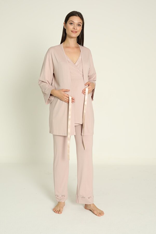 Miss Dünya Lissa Süt Kahve Sabahlıklı Hamile Ve Lohusa Pijama Takımı