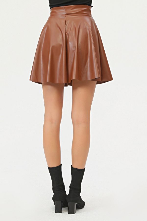 Kim Ki O Women S Mini Flared Tan Colored Faux Leather Skirt Trendyol