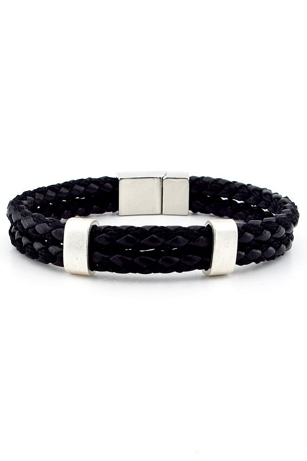 Solfera-Metal Clip Two Rows Black Braid Leather Men's Bracelet M039a 1