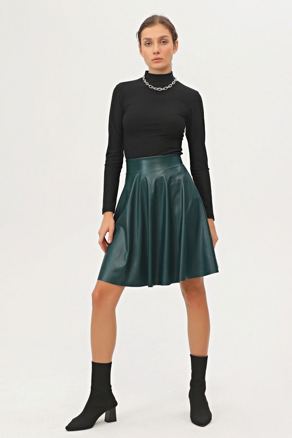 Green leather flare skirt hot sale