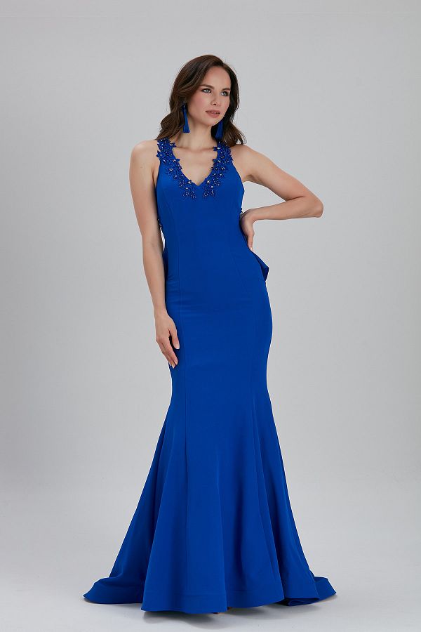 Neva Style Evening Dress Sax Blue Evening Dress with Flower Detail 6419sx Trendyol
