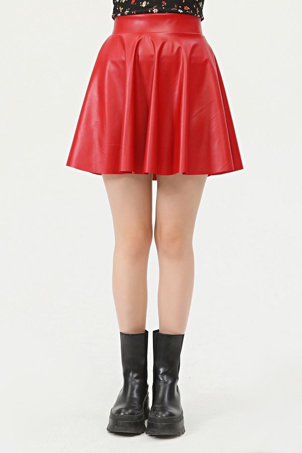 K M K O Women s Mini Flared Red Color Faux Leather Skirt Trendyol