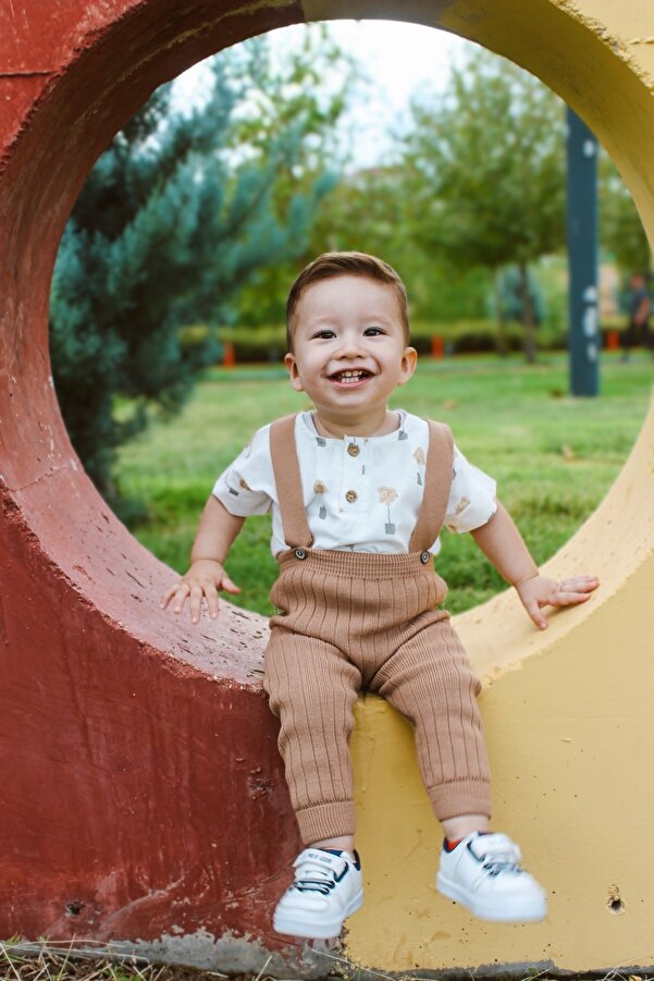 Asya Bebe Askılı Düğmeli Bebek Çocuk Triko Tayt Salopet Kahverengi
