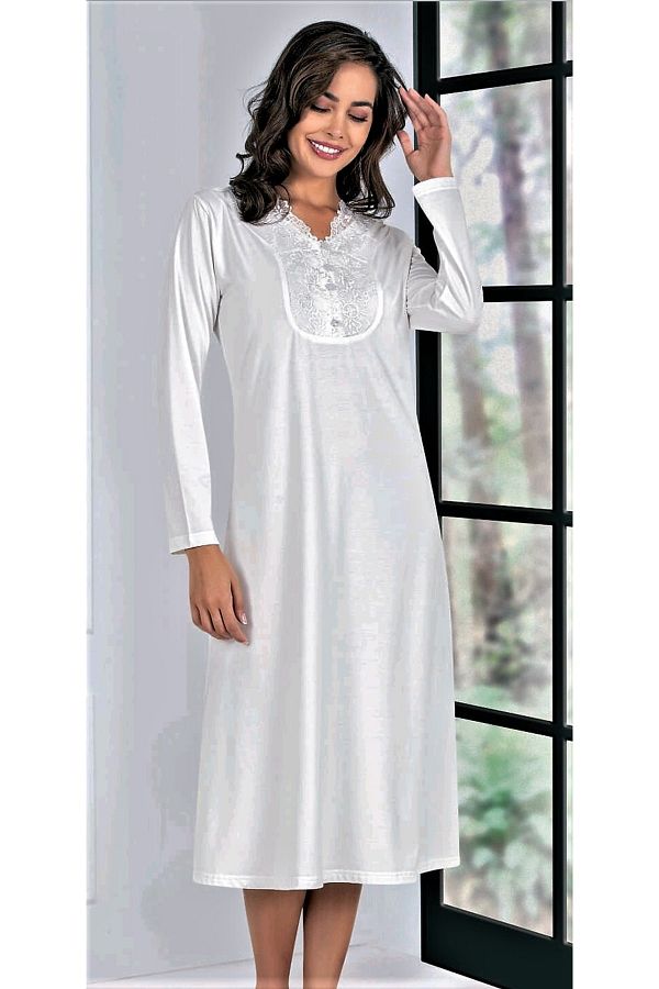 Flz Pijama Lace Detailed Long Sleeve Nightgown Ecru Trendyol