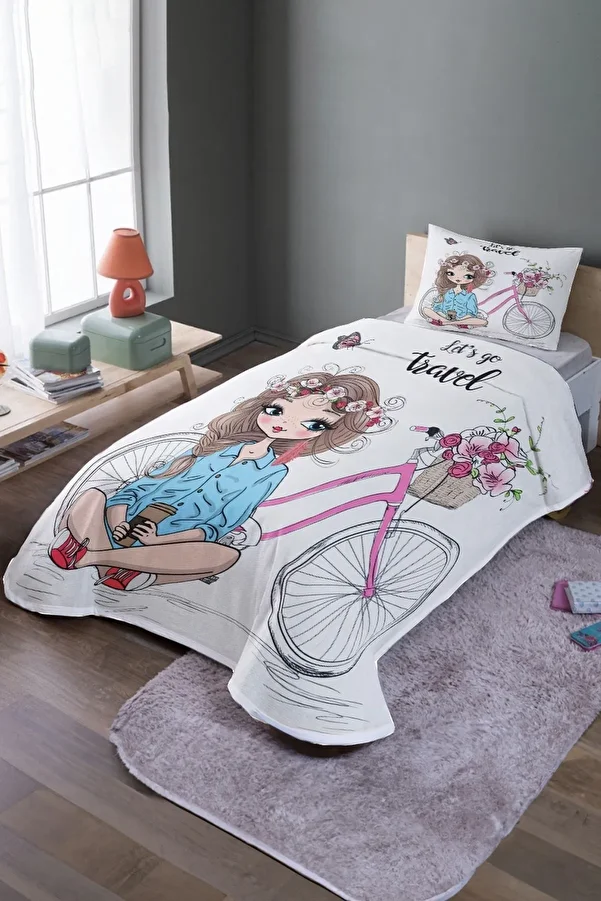 EVPANYA-Girl on a Bicycle Patterned Single Bedspread and Pique Set 1