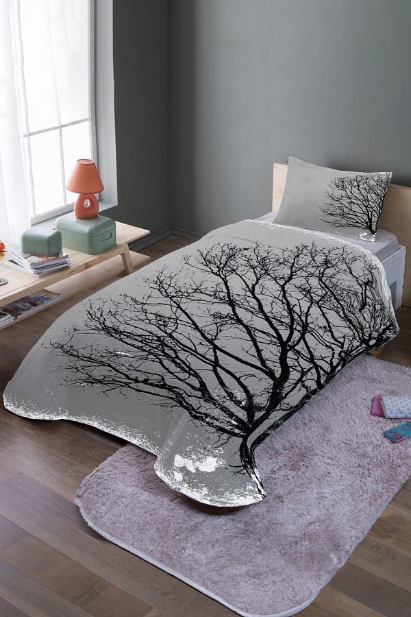 EVPANYA-Black Tree Patterned Single Bedspread and Pique Set 1