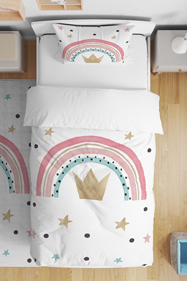 Evpanya Taçlı Gökkuşağı Desenli Tek Kişilik Bebek Çocuk Nevresim Takımı