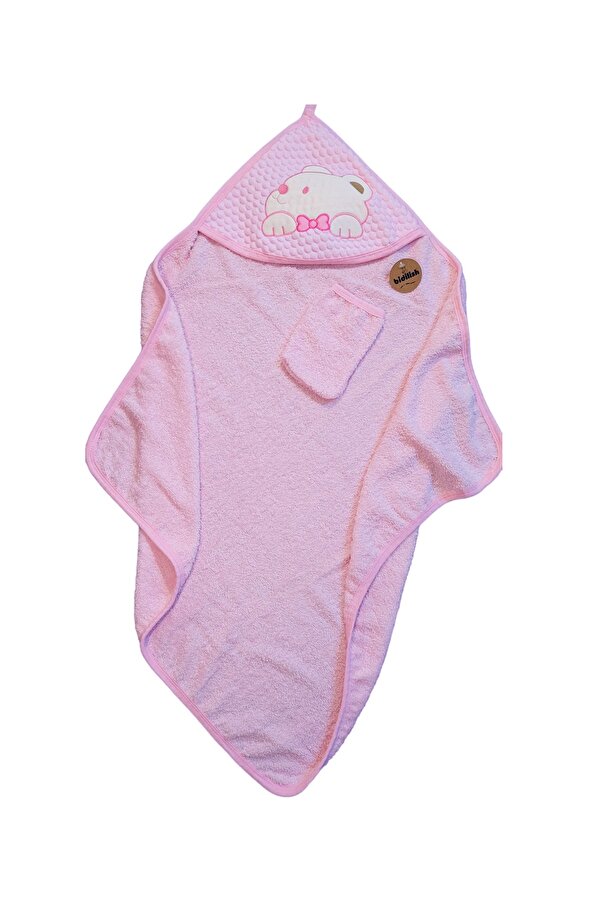 LittlePoffy Pembe Ayıcıklı Başlıklı Kız Bebek Havlusu Yenidoğan Kapşonlu Bornoz Havlu %100 Doğal Pamuk Lüx