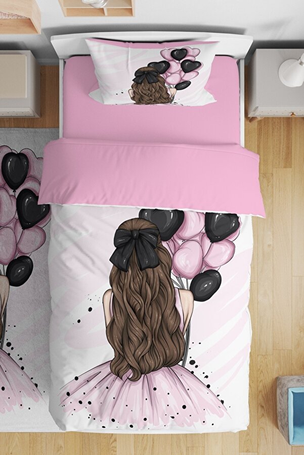 Evpanya Pembe Balonlu Kız Desenli Tek Kişilik Bebek Çocuk Nevresim Takımı