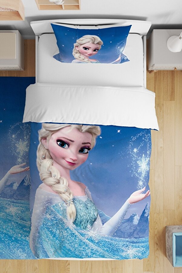 Evpanya Mavi Elsa Desenli Tek Kişilik Bebek Çocuk Nevresim Takımı