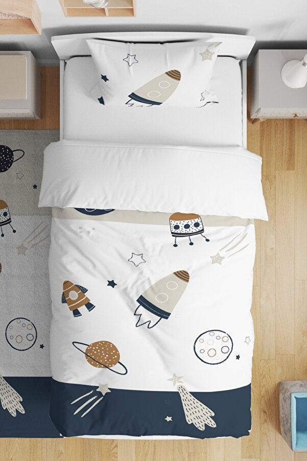 Evpanya Uzay Araçları Desenli Tek Kişilik Bebek Çocuk Nevresim Takımı