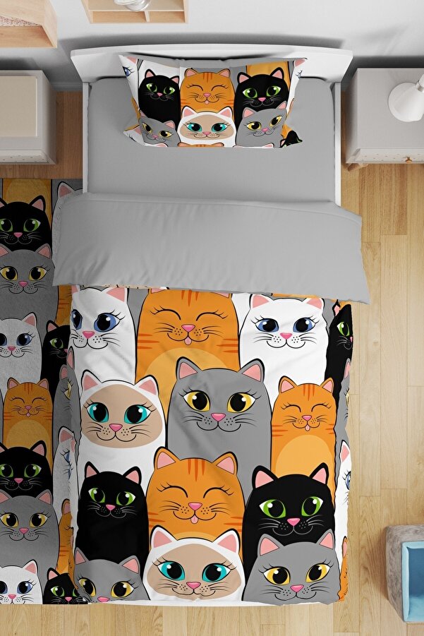 Evpanya Koyu Kediler Desenli Tek Kişilik Bebek Çocuk Nevresim Takımı