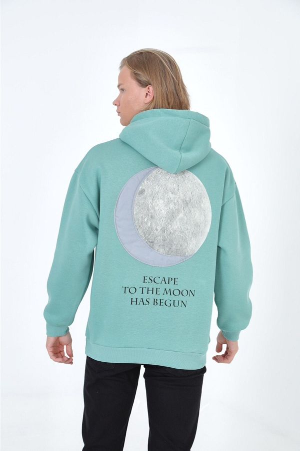 Saw Urbanity Moss Reflective Raised 3 Thread Hooded Moon Appliqued Oversize Sweatshirt Hoodie Trendyol