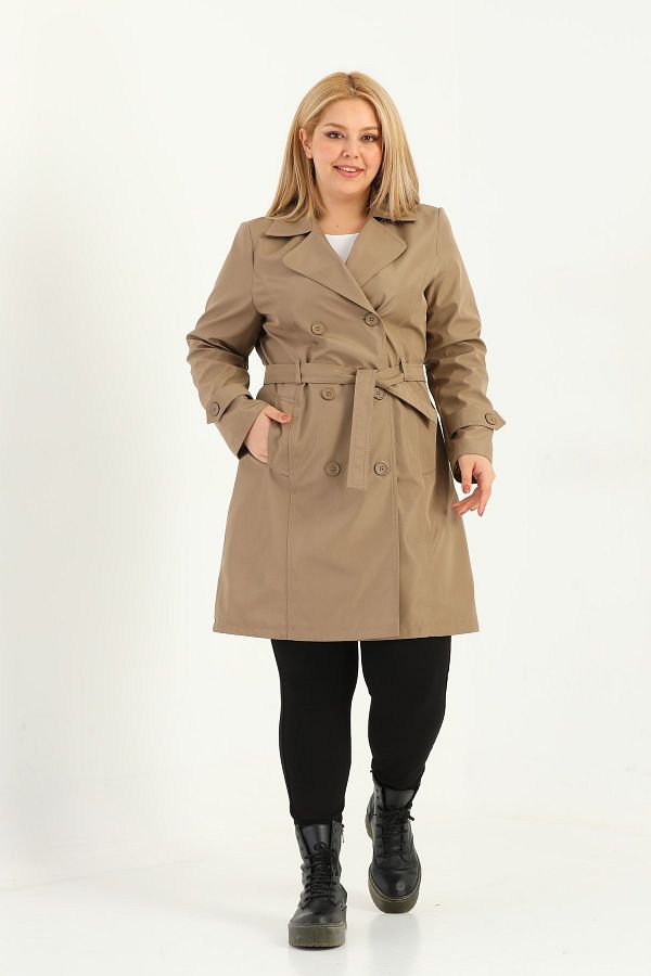 TUTveAL Collection Women s Water Resistant Plus Size Trench Coat Belted Double Breasted Trench Coat Bonded Fabric Lining Mink Trendyol
