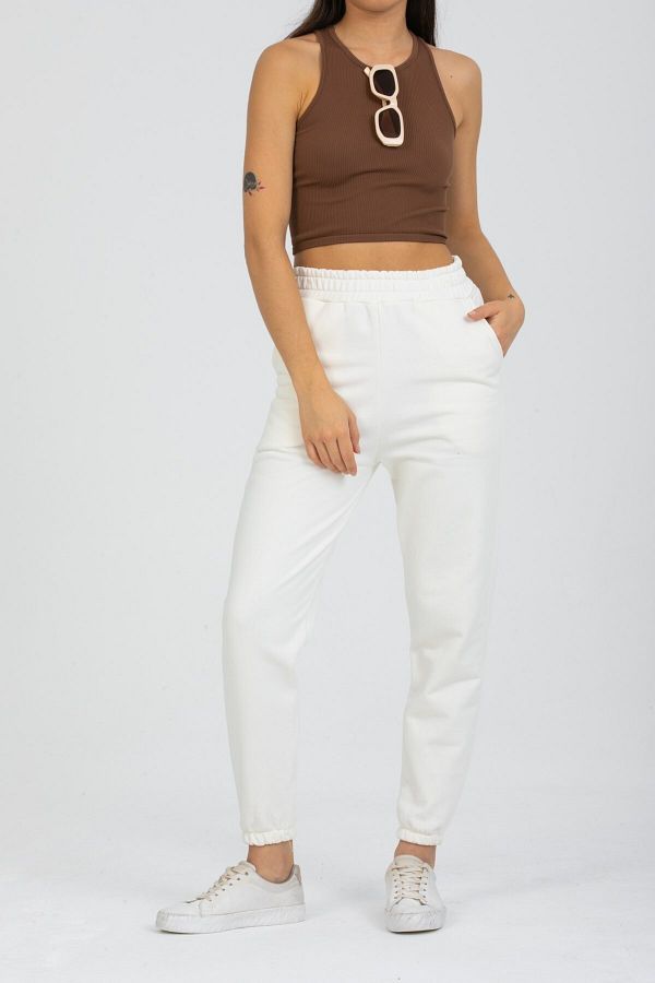 Deafox-Ecru High Waist Elastic Three Thread Sweatpants 1