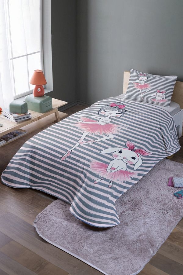 EVPANYA-Gray Ballerina and Rabbit Patterned Single Bedspread and Pique Set 1