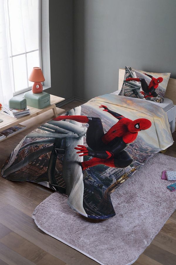 EVPANYA-Spiderman Patterned Single Bedspread and Pique Set in the Building 1