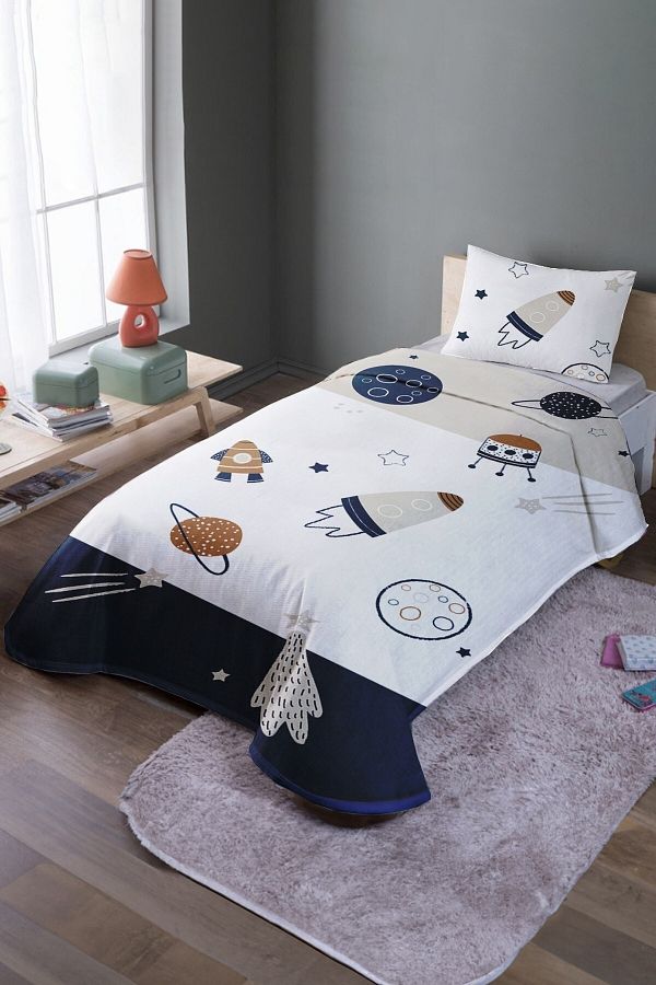 EVPANYA-Spacecraft Patterned Single Bedspread and Pique Set 1