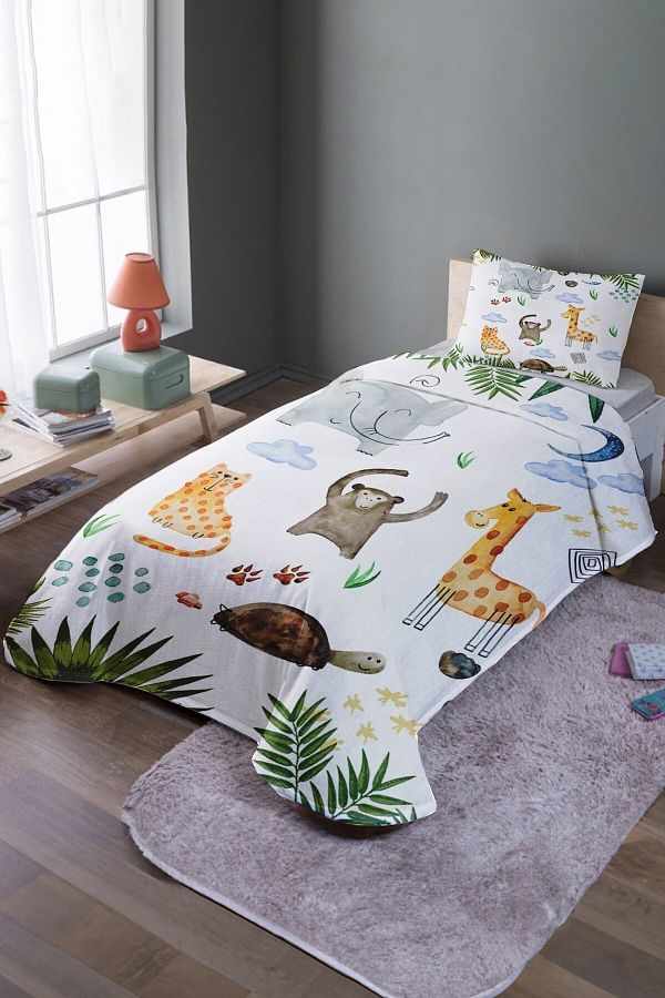 EVPANYA-Adventurous Safari Patterned Single Bedspread and Pique Set 1