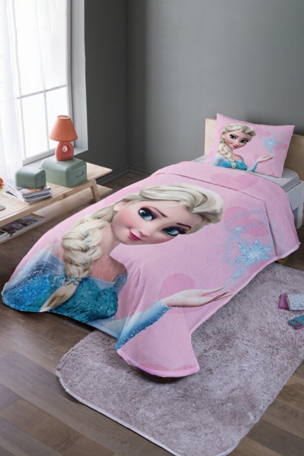 Evpanya Pembe Elsa Desenli Tek Kişilik Yatak Örtüsü Ve Pike Takımı